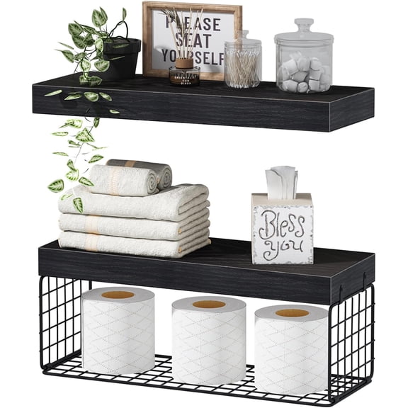 Bathroom Shelves Over Toilet - Wall Mounted Floating Shelves Toilet Paper Storage Small Farmhouse Decor Shelf 16 inch Set of 2, Black (019-B2)