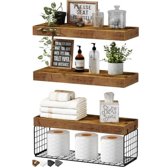 Bathroom Shelves Over Toilet - Wall Mounted Floating Shelves Toilet Paper Storage Small Farmhouse Decor Shelf 16 inch Set of 3 Rustic Brown 019-BN3
