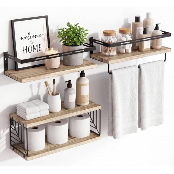 Bathroom Shelves Over Toilet, Floating Shelves Wall Mounted with Metal Frame and Towel Bar for Bathroom, Kitchen, Bedroom, Living Room (3 Plus 1 Rustic Brown)