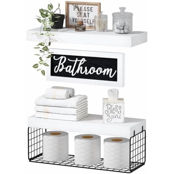 Bathroom Shelves Over Toilet - Paper Storage Wall Mounted Farmhouse Decor Decorations Aesthetic Décor Sign Small Floating Shelf 2+1 Set 16 inch, White and Black (020WB)