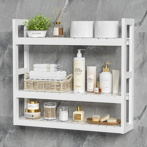 Bathroom Shelves Over Toilet Storage - 3 Tier Wall Mounted Bamboo Bathroom Shelf Organizer Multifunctional Adjustable Layer Free Standing Utility Shelves for Bathroom Living Room Kitchen, White