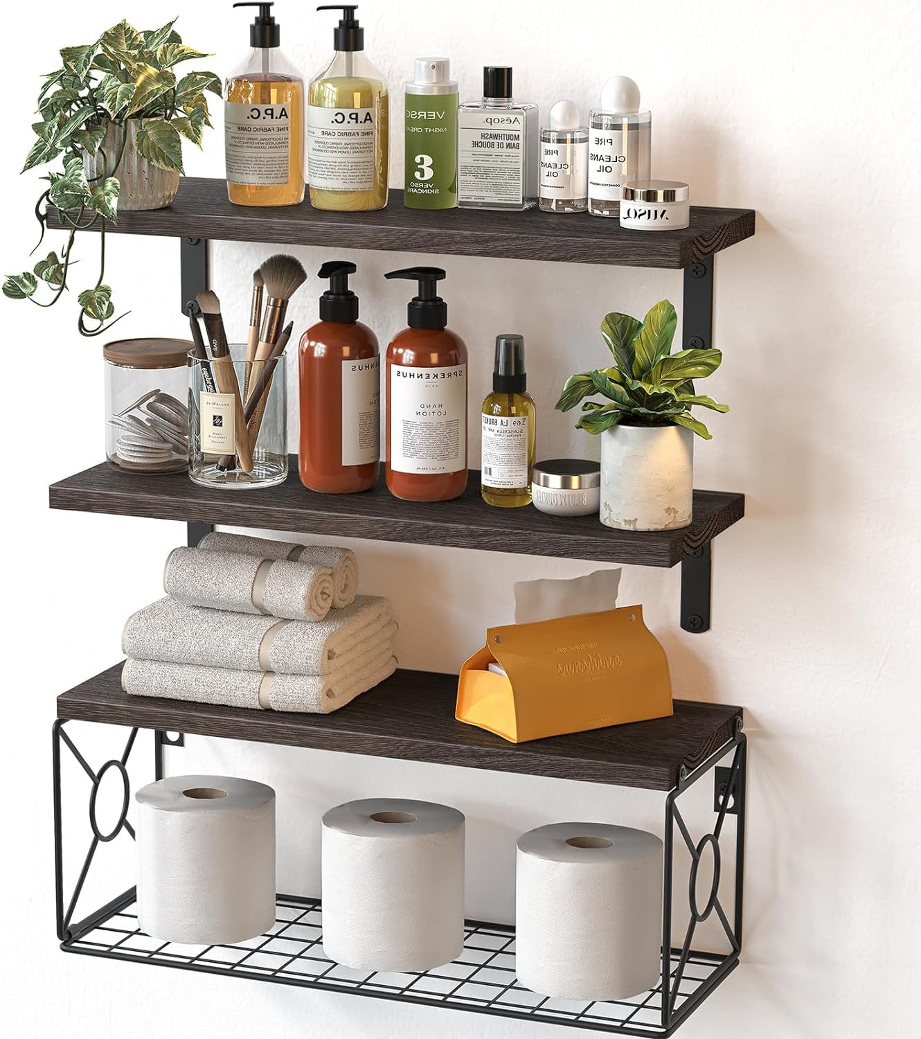 Bathroom Shelves Over Toilet with Storage Basket, Floating Wall Shelf ... - Tiny Living Space Organization