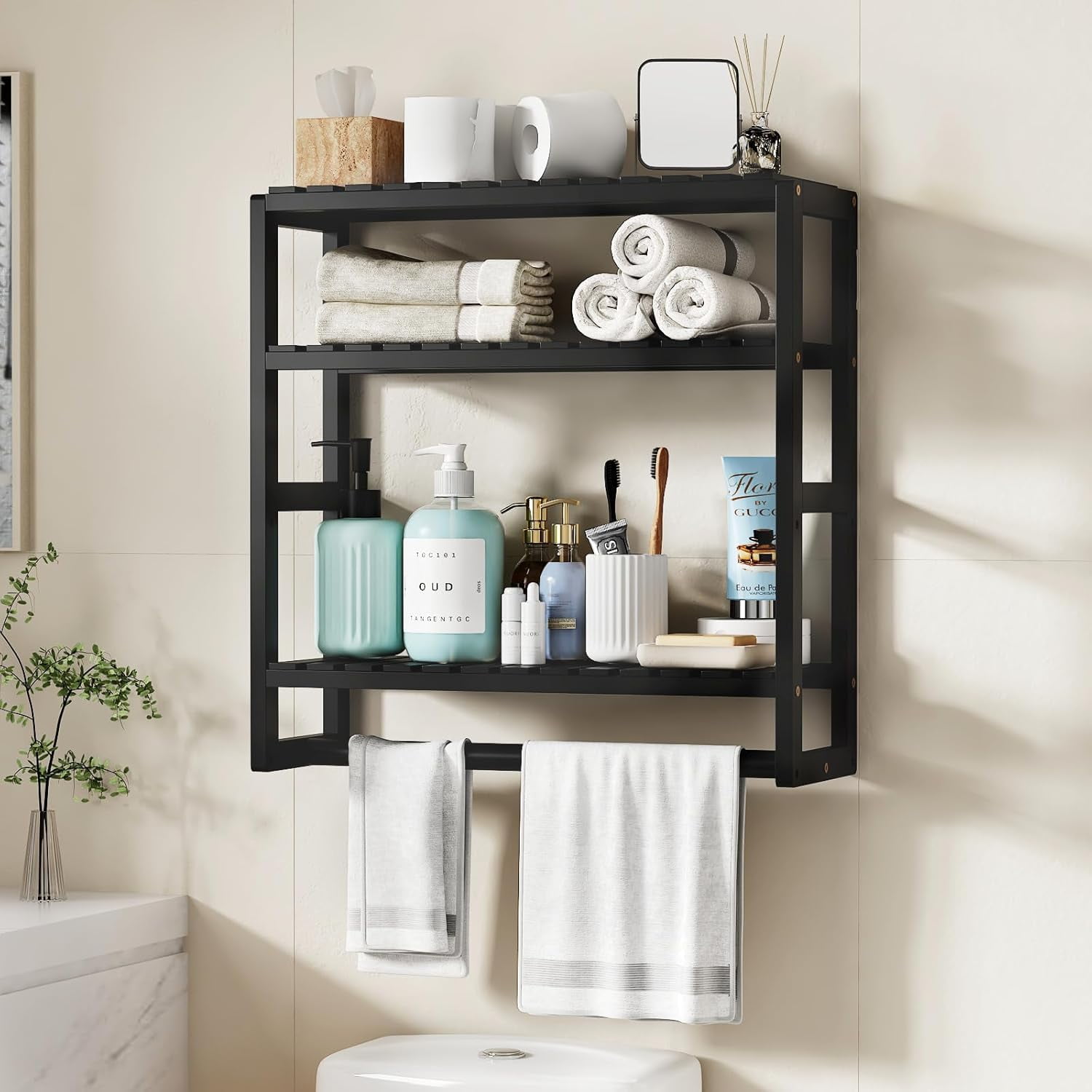 Bathroom Shelves Towel Racks Over Toilet Storage with Towel Bar 3 Tier ...