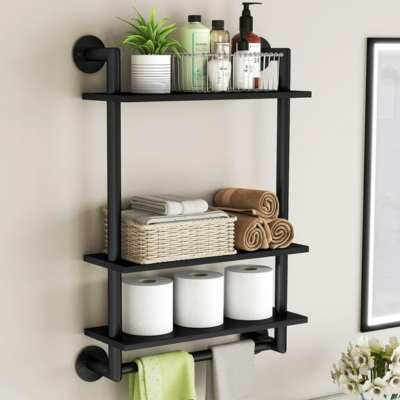 Bathroom Shelves Wall Mounted, 3 Tier Towel Racks with Towel Bar, 26in Stainless Steel Floating Pipe Shelves Over Toilet, Wall Shelves for Bathroom Laundry Room Kitchen Storage