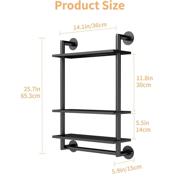 Bathroom Shelves Wall Mounted, 3 Tier Towel Racks with Towel Bar, 26in Stainless Steel Floating Pipe Shelves Over Toilet, Wall Shelves for Bathroom Laundry Room Kitchen Storage