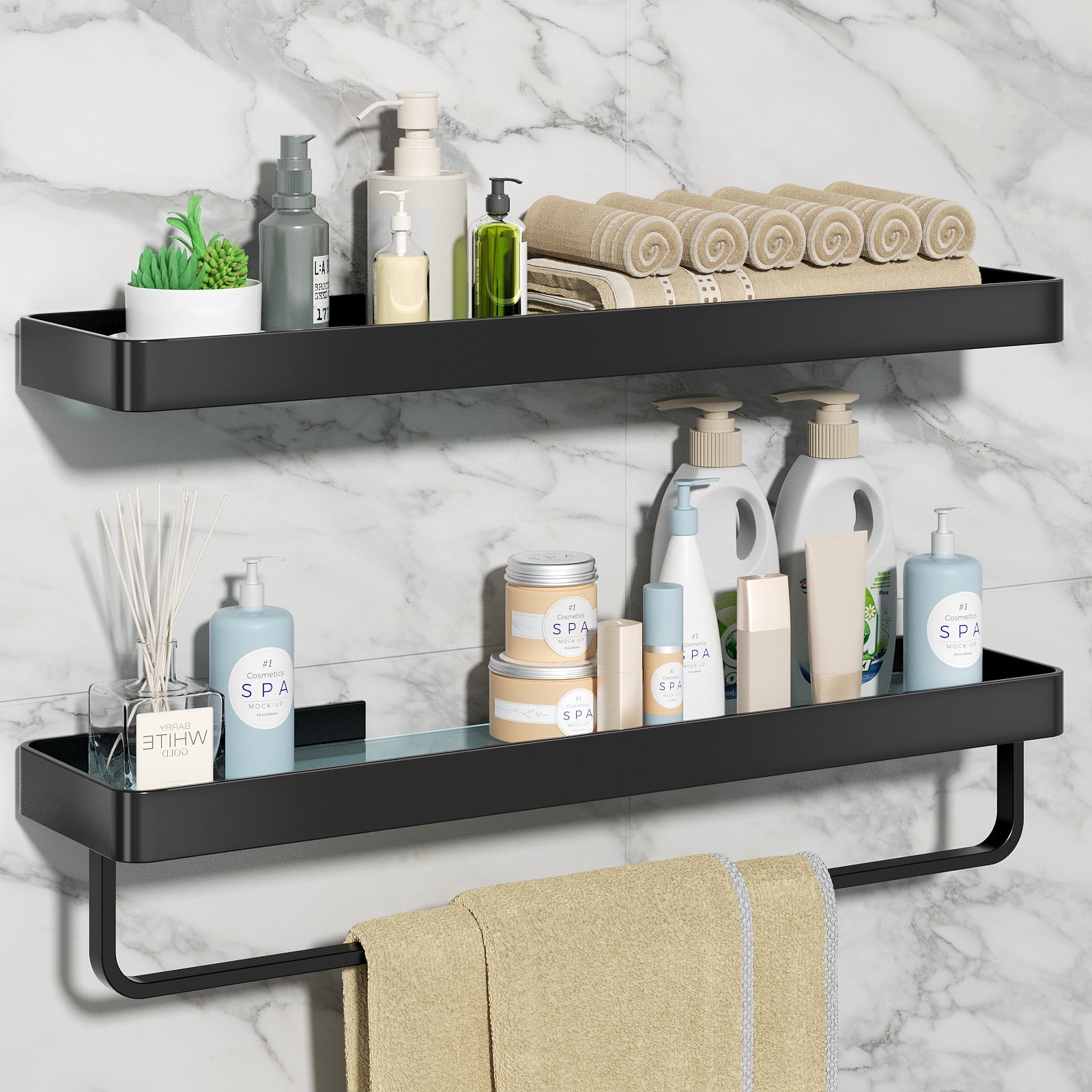 Bathroom Shelves Wall Mount Glass Floating Shelves with Towel Bar, 15.7 ...