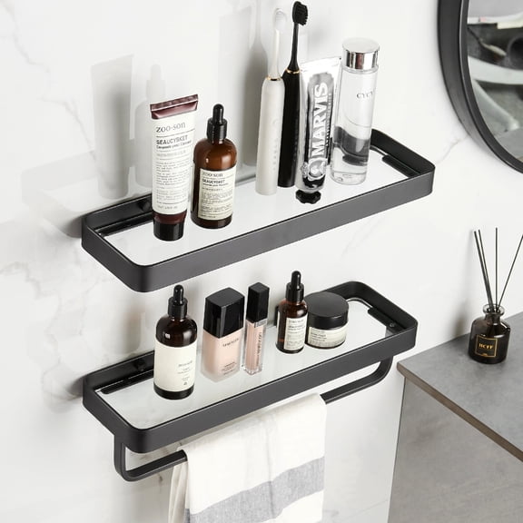 Sofinny 2 Tier Glass Shelf for Bathroom Wall Mounted, Aluminum Floating Shelves with Towel Bar, No Drilling, Tempered Glass 15.7"*4.68"*1.18" (Black)