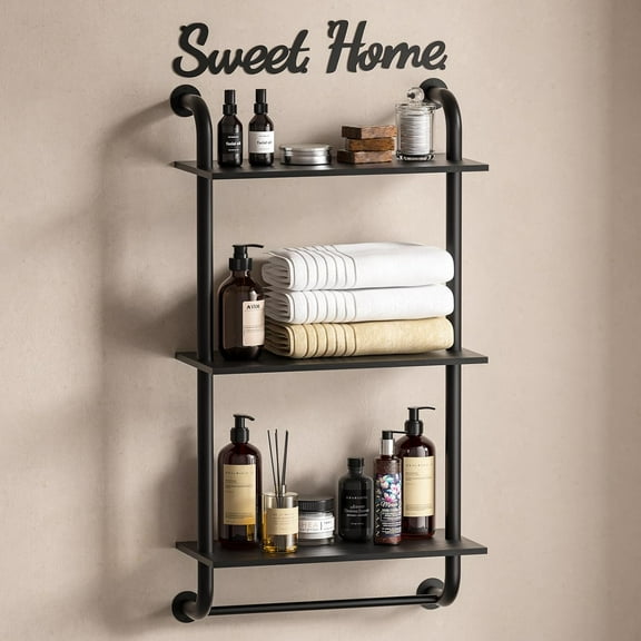Bathroom Shelves Wall Mounted, Rustic Farmhouse Pipe Shelves, Walls Shelf 3-Tier, Industrial Pipe Shelving, Floating Shelf Wall Decor for Bathroom, Kitchen, Bedroom, Living Room 17.3in Black