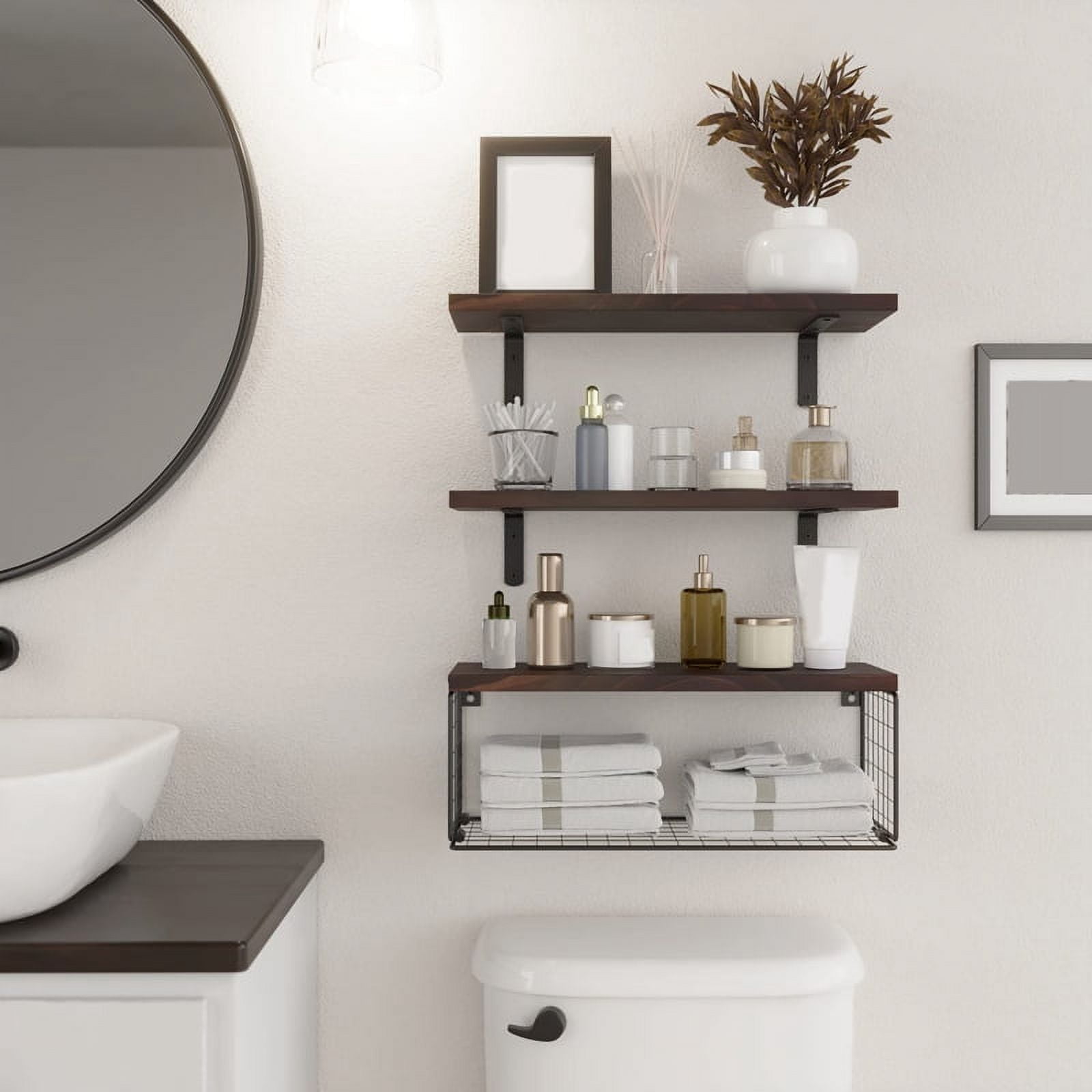 Bathroom Shelves over Toilet Floating Bathroom Wall Shelves with Wire Basket Shelf for Wall Decor Brown Walmart
