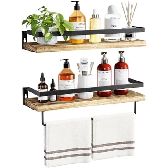 Bathroom Shelves with Towel Bar, Floating Shelves, Wall Shelves for Bathroom/Living Room/Kitchen/Bedroom, Light Brown, Set of 2 - AMFS01
