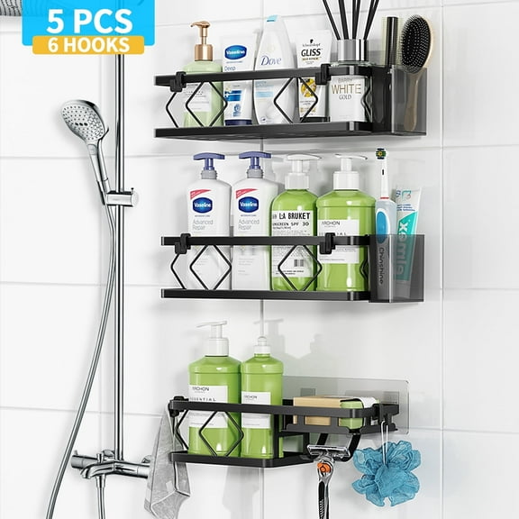 PHANCIR Shower Caddy 3-Tier with 6 Removable Hooks & 2 Toothbrush Holders, 304 Stainless Steel, No Drilling Bathroom Organize, 5 PCS Black