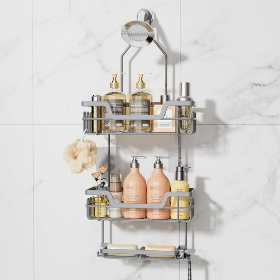 Bathroom Shower Caddy Hanging - 3 Tier Rustproof Over Shower Head Organizer, No Drilling Bathroom Shelf with 16 Hooks & Soap Holder, Anti-Swing Rack for Shampoo,Sponge,Towel, Black, Medium