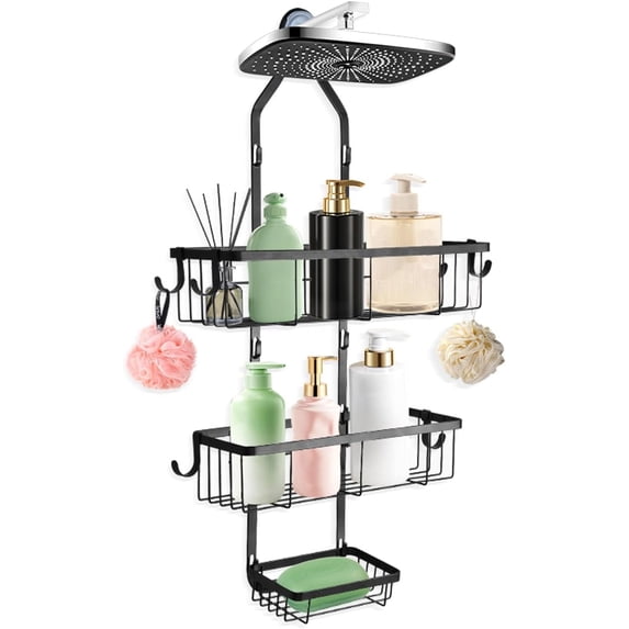 Bathroom Shower Caddy Hanging, No Drilling Waterproof Shower Organizer Shelf, Storage Rack with 6 Hooks for Towels Sponge Shampoo Soap, Black