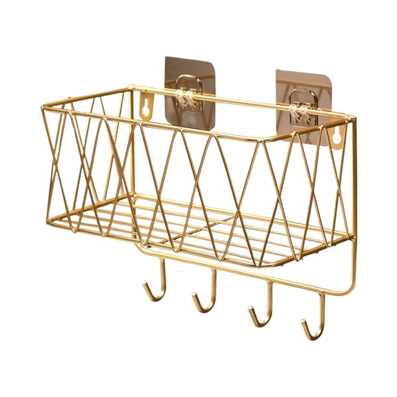 Bathroom Shower Caddy, Wall Mounted Iron Basket Organizer With Diamond Pattern and Lower Hooks, Space Saving Storage Shelf for Toiletries Towels Sponges and Bath Accessories
