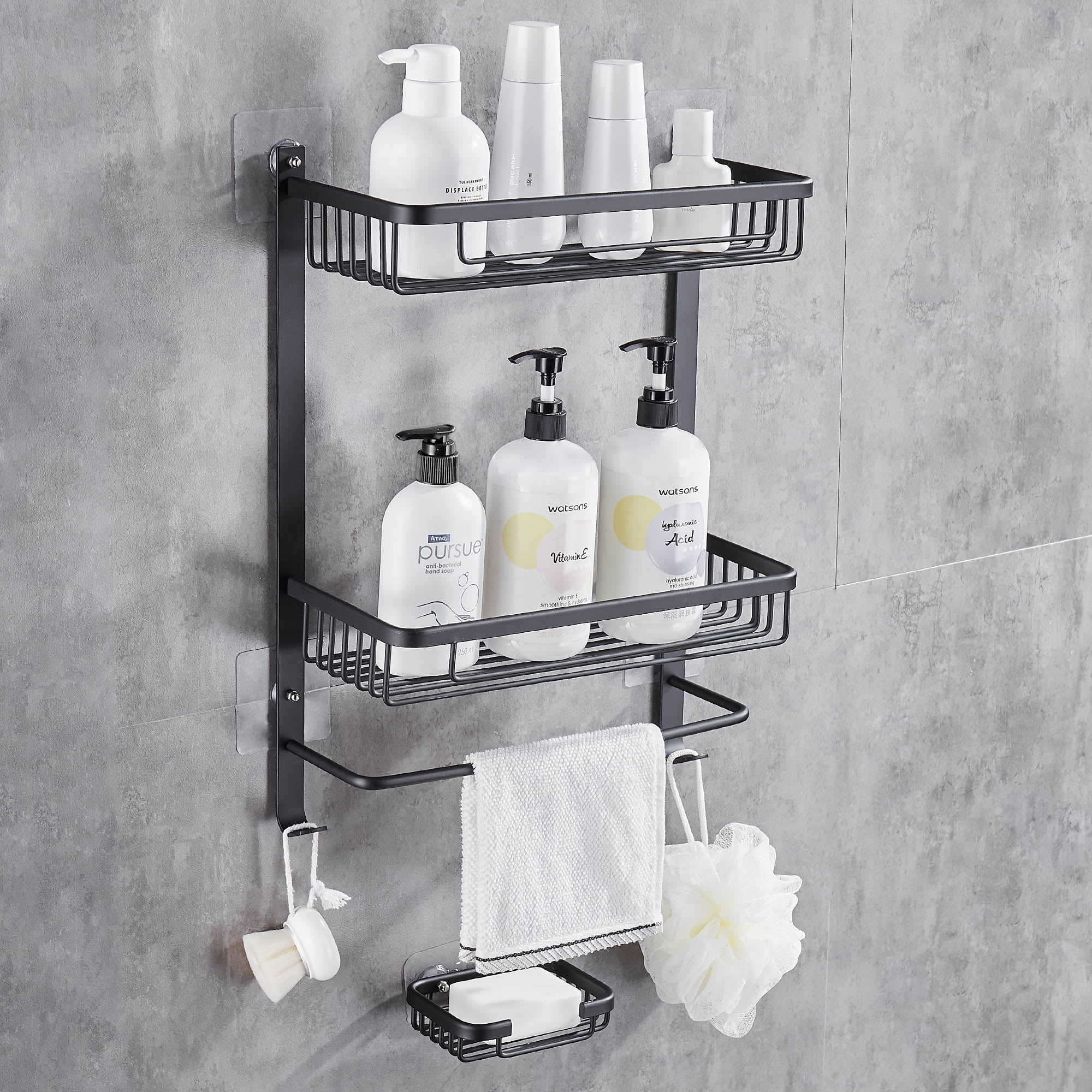 Bathroom Shower Caddy with Soap Holder, Wall Mount Shower Basket Storage, 2  Tier Shelves Aluminum Rustproof, Matte Black 