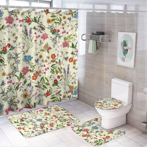 Bathroom Shower Curtain 4 Piece Sets, Abstract Art Flower with 72" x 72" Waterproof Shower Curtain Non-Slip Rug Toilet Lid Cover Bath Mat and 12 Hooks for Bathroom Decor Set