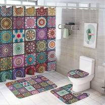 Bathroom Shower Curtain 4 Piece Sets, Boho Flower-4 with 72" x 72" Waterproof Shower Curtain Non-Slip Rug Toilet Lid Cover Bath Mat and 12 Hooks for Bathroom Decor Set