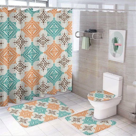 Bathroom Shower Curtain 4 Piece Sets, Boho Flower-4 with 72" x 72" Waterproof Shower Curtain Non-Slip Rug Toilet Lid Cover Bath Mat and 12 Hooks for Bathroom Decor Set