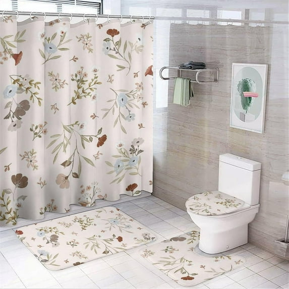 Bathroom Shower Curtain 4 Piece Sets, Hawaiian Tropical Flower with 72" x 72" Waterproof Shower Curtain Non-Slip Rug Toilet Lid Cover Bath Mat and 12 Hooks for Bathroom Decor Set