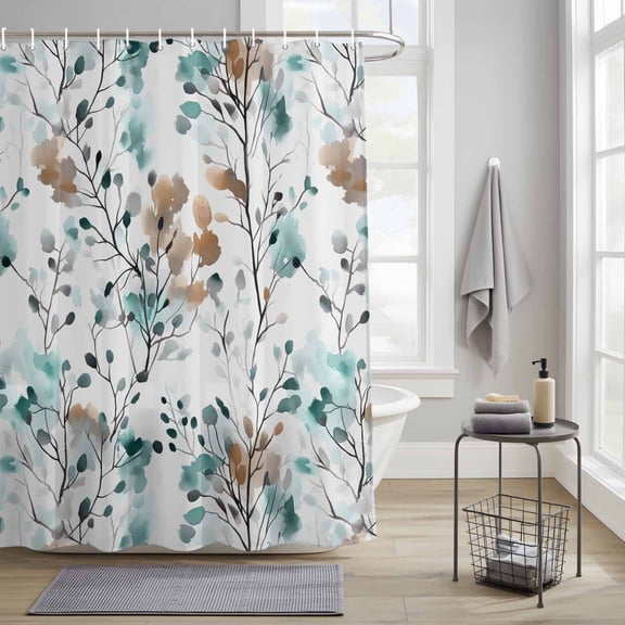 Bathroom Shower Curtain Abstract Aqua Brown Leaves Waterproof Shower Curtains with Hooks, Watercolor Spring Foliage Leaf Bath Curtains Bathtub Curtain Home Decor 36x72in