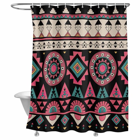 Bathroom Shower Curtain Abstract Aztec Geometric Pattern Waterproof Shower Curtains with Hooks, Retro Bohemian Style