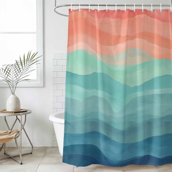 Bathroom Shower Curtain Abstract Boho Teal Sea Waves Waterproof Shower Curtains with Hooks, Orange Sun Coastal Dusk Bath Curtains Bathtub Curtain Home Decor 36x72in
