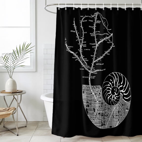 Bathroom Shower Curtain Abstract City Route Waterproof Shower Curtains with Hooks, Nautilus Conch on Black Bath Curtains Bathtub Curtain Home Decor 36x72in