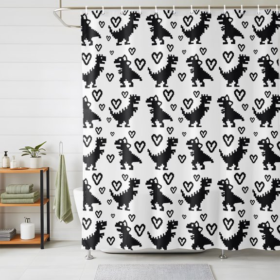 Bathroom Shower Curtain Abstract Dinosaurs Love Hearts Waterproof Shower Curtains with Hooks, Black and White Pixel Style Bath Curtains Bathtub Curtain Home Decor 48x72in