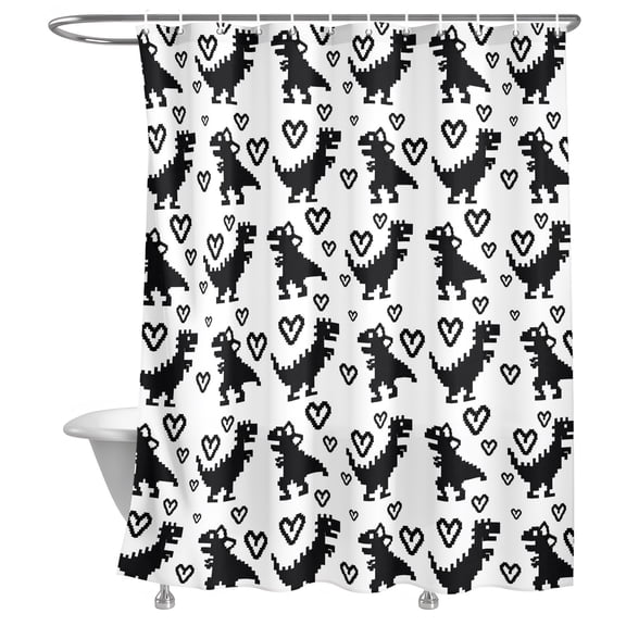 Bathroom Shower Curtain Abstract Dinosaurs Love Hearts Waterproof Shower Curtains with Hooks, Black and White Pixel Style