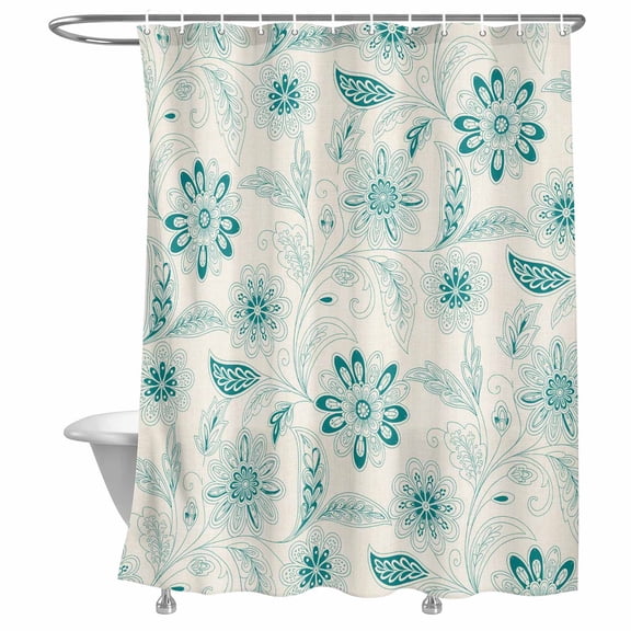 Bathroom Shower Curtain Abstract Ethnic Flower Texture Waterproof Shower Curtains with Hooks, Teal Paisley Pattern on Linen Bath Curtains Bathtub Curtain Home Decor 72x72in