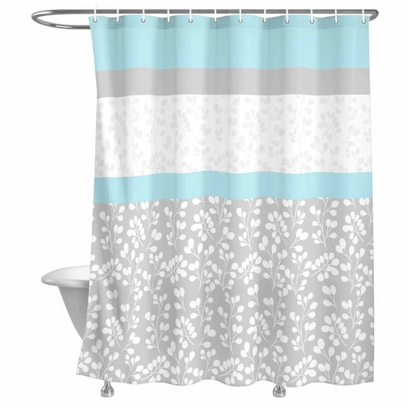 Bathroom Shower Curtain Abstract Garden Flowers Waterproof Shower Curtains with Hooks, White Plants on Sky Blue Grey Stripe Bath Curtains Bathtub Curtain Home Decor 72x72in