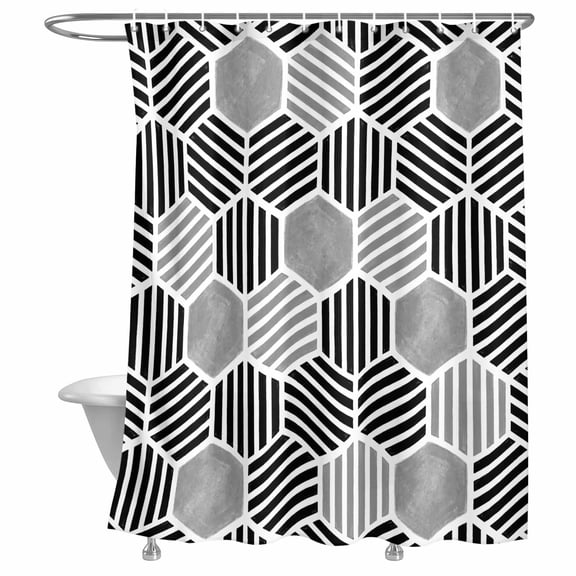 Bathroom Shower Curtain Abstract Geometric Hexagon Stripes Waterproof Shower Curtains with Hooks, Modern Black Gray White