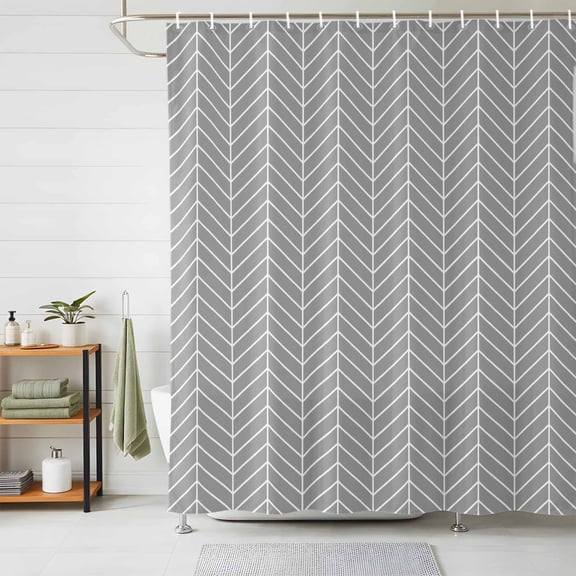 Bathroom Shower Curtain Abstract Gray White Herringbone Texture Waterproof Shower Curtains with Hooks, Chevron Pattern Bath Curtains Bathtub Curtain Home Decor 48x72in