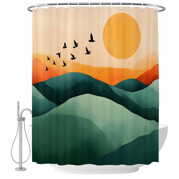 Bathroom Shower Curtain Abstract Mountain Birds Sunset Waterproof Shower Curtains with Hooks, Retro Scenery Artwork Bath Curtains Bathtub Curtain Home Decor 60x72in