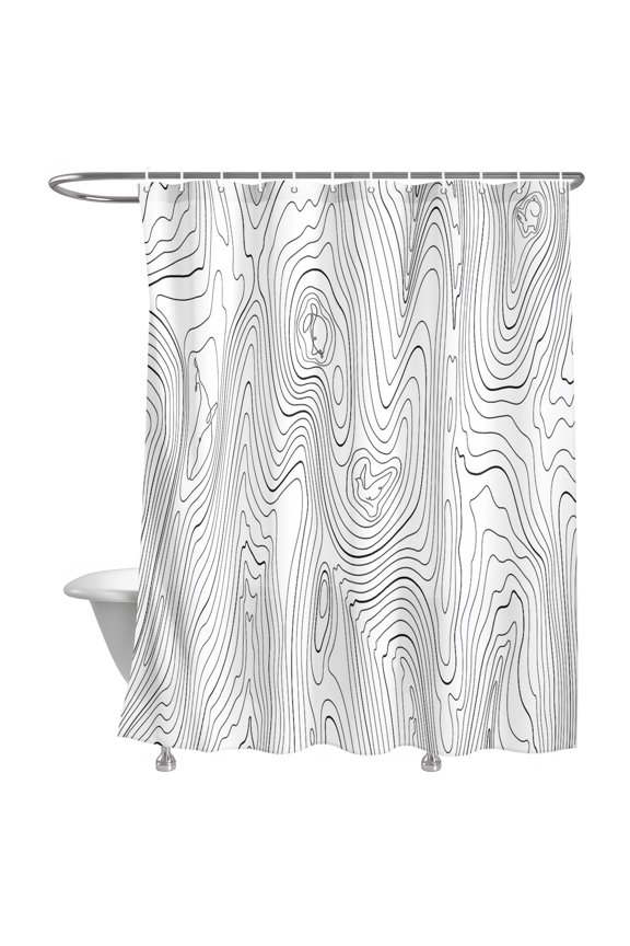 Bathroom Shower Curtain Abstract Mountain Line Texture Waterproof Shower Curtains with Hooks, Topography Contour on White