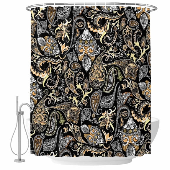 Bathroom Shower Curtain Abstract Paisley Texture on Black Waterproof Shower Curtains with Hooks, Vintage Ethnic Floral Bath Curtains Bathtub Curtain Home Decor 60x72in