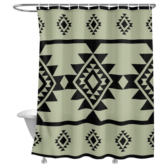 Bathroom Shower Curtain Abstract Traditional Trial on Light Green Waterproof Shower Curtains with Hooks, Retro Geometric Style