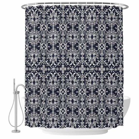 Bathroom Shower Curtain Abstract White Floral on Dark Blue Waterproof Shower Curtains with Hooks, Mid Century Striped Pattern Bath Curtains Bathtub Curtain Home Decor 60x72in