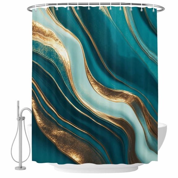Bathroom Shower Curtain Aqua Green Marble Gold Stripes Waterproof Shower Curtains with Hooks, Teal Watercolor Gradient Abstract Stripe Bath Curtains Bathtub Curtain Home Decor 60x72in
