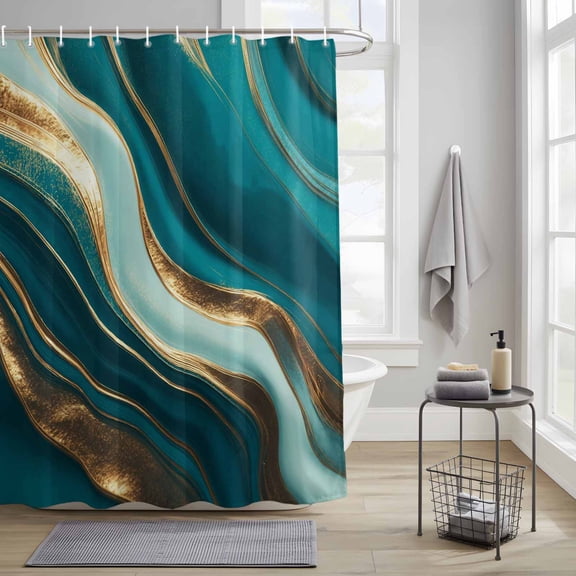 Bathroom Shower Curtain Aqua Green Marble Gold Stripes Waterproof Shower Curtains with Hooks, Teal Watercolor Gradient Abstract Stripe Bath Curtains Bathtub Curtain Home Decor 36x72in