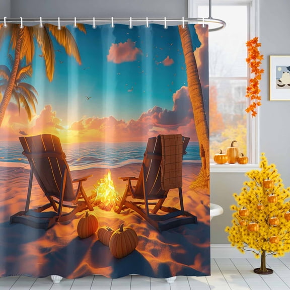 Bathroom Shower Curtain Autumn Beach Campfire Pumpkin Waterproof Shower Curtains with Hooks 72x84in, Fall Sunset Seaside Theme Bath Curtains Bathtub Curtain Home Decor
