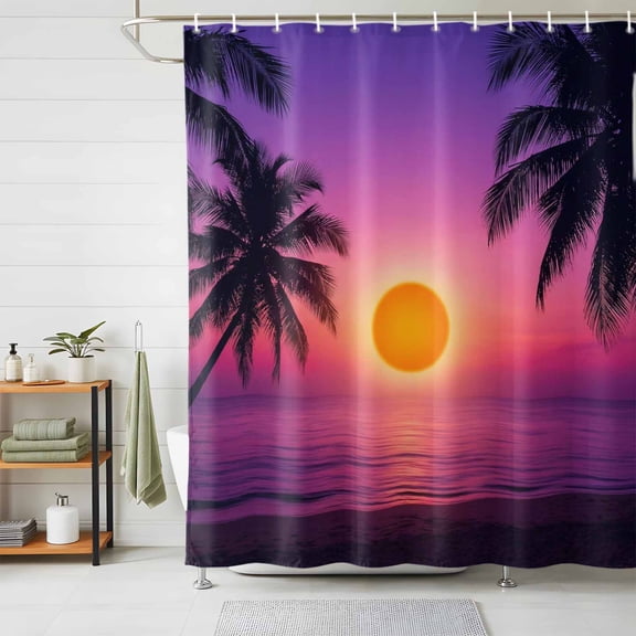 Bathroom Shower Curtain Beach Seaside Sunset Waterproof Shower Curtains with Hooks, Natural Scenery Palm Tree Purple Pink Bath Curtains Bathtub Curtain Home Decor 48x72in