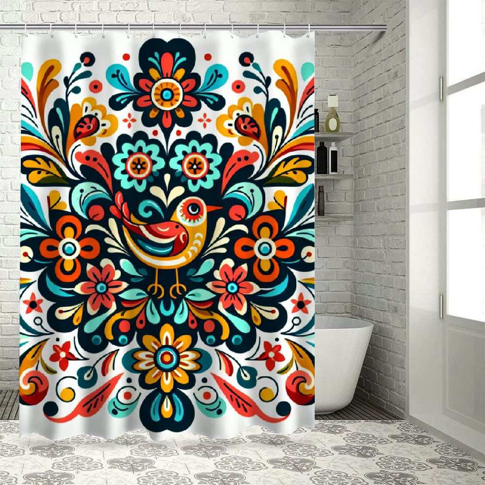 Bathroom Shower Curtain Bird Vector Seamless Mexican Otomi Style
