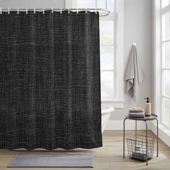 Bathroom Shower Curtain Black Linen Vintage Bottom Waterproof Shower Curtains with Hooks, Solid Farm Burlap Bath Curtains Bathtub Curtain Home Decor 36x72in