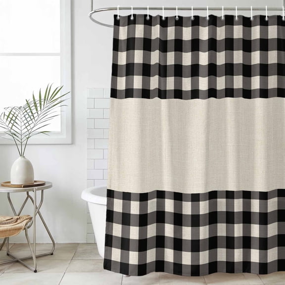 Bathroom Shower Curtain Black White Buffalo Plaid Waterproof Shower Curtains with Hooks, Retro Linen Checkered Bath Curtains Bathtub Curtain Home Decor 36x72in