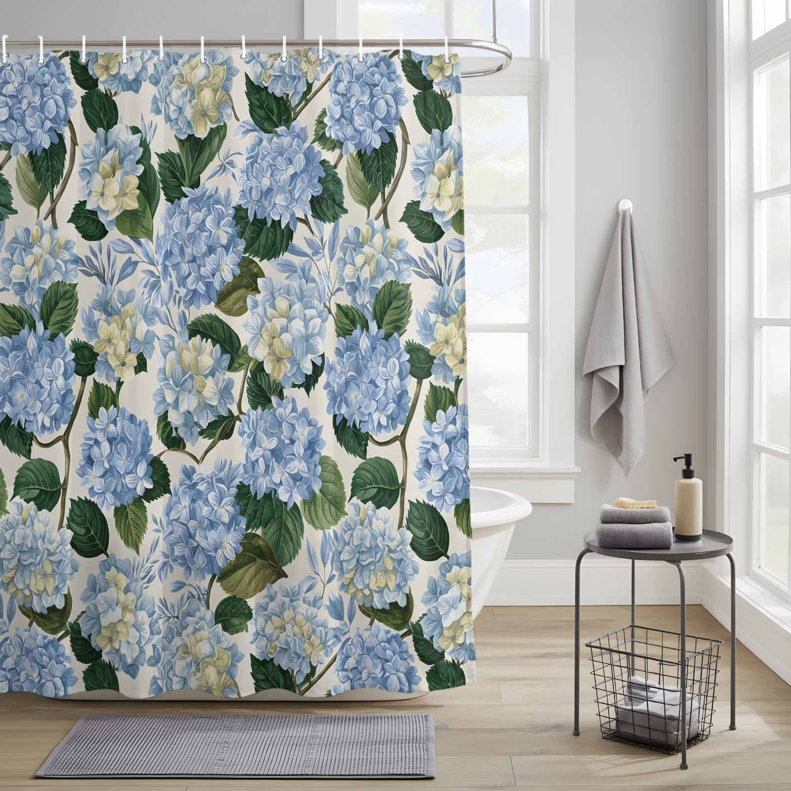 Bathroom Shower Curtain Blue Flower Hydrangea Green Leaf Waterproof
