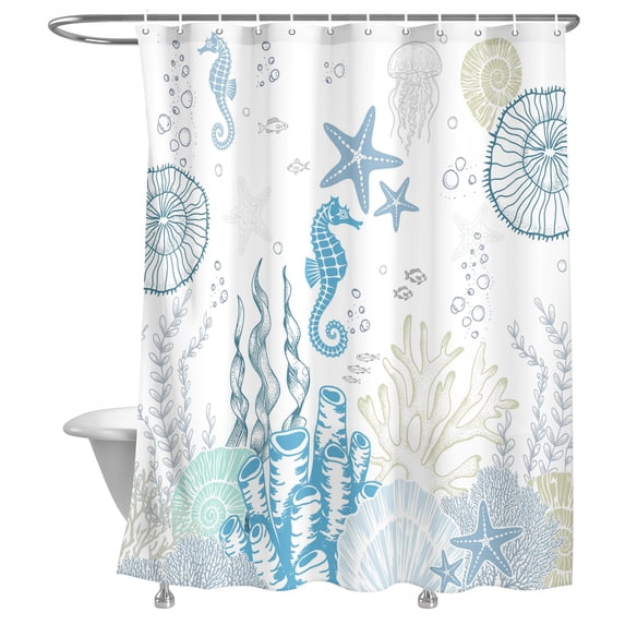 Bathroom Shower Curtain Blue Ocean Coral Shell Starfish Waterproof ...