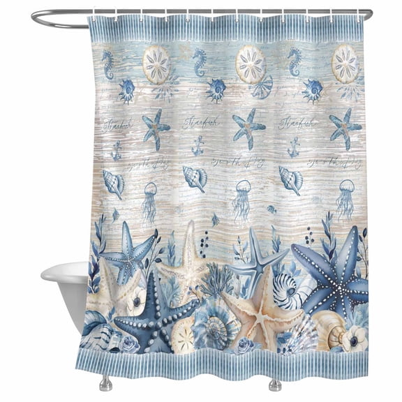 Bathroom Shower Curtain Blue Ocean Starfish Shell Waterproof Shower Curtains with Hooks, Summer Nautical Conch Jellyfish Bath Curtains Bathtub Curtain Home Decor 72x72in