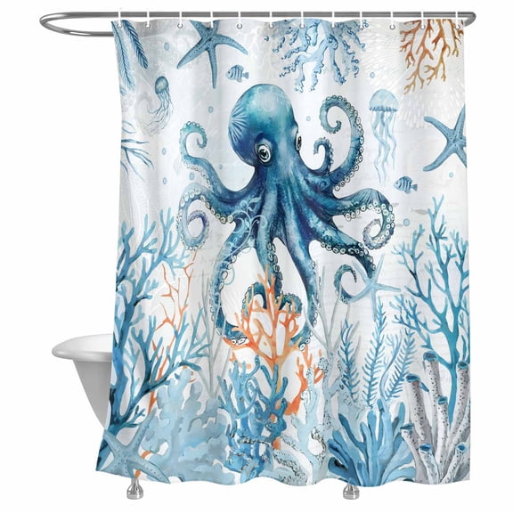 Bathroom Shower Curtain Blue Octopus Coral Seamless Waterproof Shower Curtains with Hooks, Sea Monster Starfish Jellyfish Bath Curtains Bathtub Curtain Home Decor 72x72in