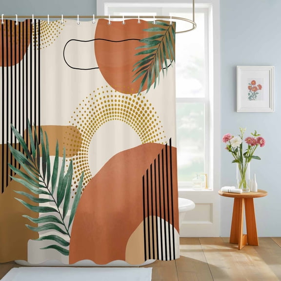 Bathroom Shower Curtain Bohemian Geometric Arch Leaf Waterproof Shower Curtains with Hooks, Abstract Line on Beige Bath Curtains Bathtub Curtain Home Decor 72x84in